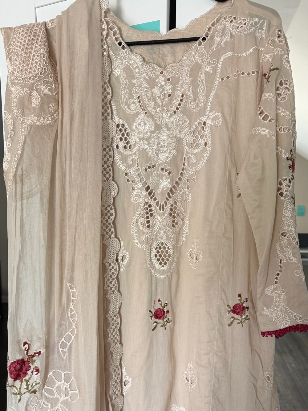 Embroidered Beige Floral Kurta with Dupatta and pants (3 piece suit)